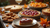 Assorted desserts with raspberry pie, fruit tarts, and cookies on a rustic wooden table