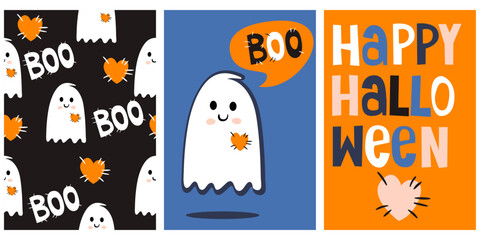 Poster - Funny hand drawn illustration with a cute white ghost isolated on a purple background. Simple handwritten Halloween card. Pattern with ghosts and hearts.