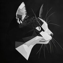 black and white minimalist geometric portrait of a cat with polygonal detailing on a dark canvas