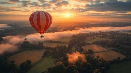 Sticker - Hot Air Balloon Soaring Over a Misty Landscape at Sunrise