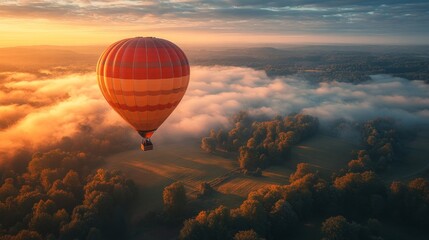 Sticker - Hot Air Balloon Soaring Above a Misty Forest Landscape