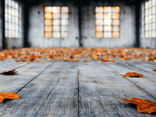 Poster - Empty wooden table with autumn leaves on blurred background