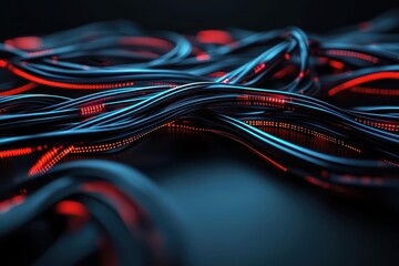 Poster - Abstract image featuring intertwined black cables illuminated by glowing red lights against a dark background, evoking a digital or technological theme.