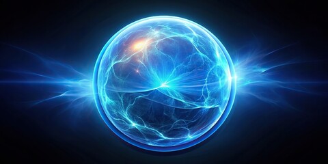 High angle blue glowing dynamic plasma energy flow in bubble on dark background with copy space