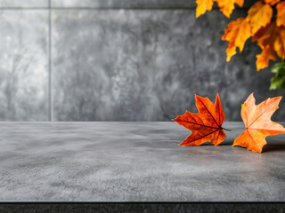 Poster - Empty table showing autumn concept with maple leaves