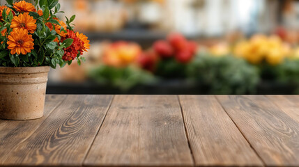 Poster - Empty wooden table with potted flowers and blurred florist shop background