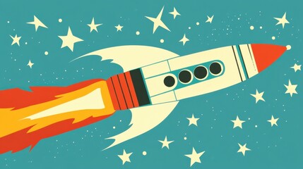 a vintage rocket blasts off with fiery exhaust and stars twinkling in the backdrop, evoking classic 