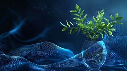 Sticker - Biotechnology, eco-futuristic concept with glowing low poly green leaves on a dark blue background