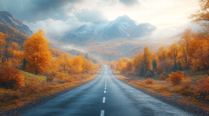 Poster - A road with trees on both sides and mountains in the background