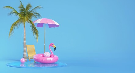 Fototapete - Decorative icon for summer season with inflatable flamingo, beach umbrella, chair, sunglasses and tree on blue background in 3D render.