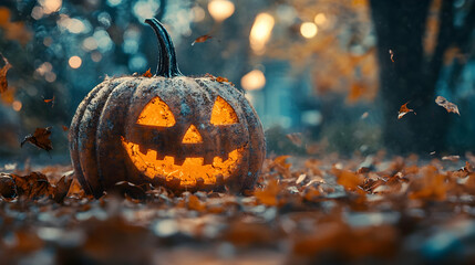 Spooky Jack-O-Lantern Illustration in Autumn Leaves