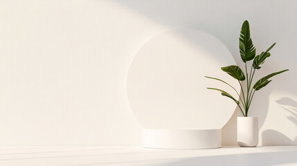 Sticker - A minimalist interior scene featuring round white display and green plant in white pot, creating serene and modern atmosphere. soft shadows enhance calmness of space