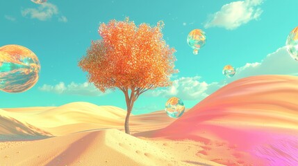 Aufkleber - Sculptural 3d render of golden tree and grass on pastel dune desert and blue sky backdrop with metallic ball reflection.