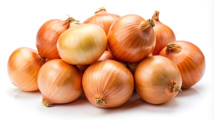 Wall Mural - High angle fresh onion bulbs isolated on white background