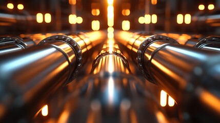 Poster - A close-up view of metallic pipes illuminated by warm light, suggesting an industrial setting.