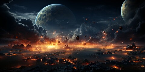 Wall Mural - a celestial landscape engulfed in fiery chaos, with distant planets casting an ethereal glow upon a 