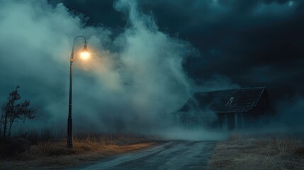 Wall Mural - Mysterious smoke near street light along deserted road with abandoned house background