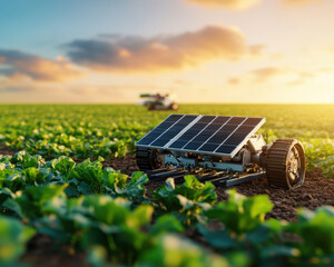 Solar powered agricultural robots are actively tending to crops in vibrant field, showcasing innovation in sustainable farming practices. scene captures essence of modern agriculture