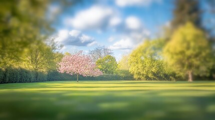 Canvas Print - A picturesque spring scene of a trimmed lawn, trees, and bright blue sky with clouds, blurred into a dreamy background, evoking a peaceful natural setting.