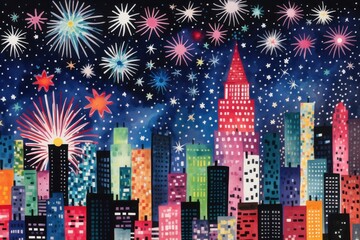 Wall Mural - Firework cityscape fireworks architecture.