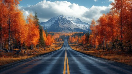 Poster - A road with a mountain in the background and trees on both sides