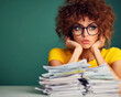 © MP-AI - Feeling overwhelmed, woman with curly hair and glasses stares at stack of utility bills, expressing concern and frustration about her financial situation