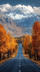 Poster - A road with trees on both sides and a mountain in the background