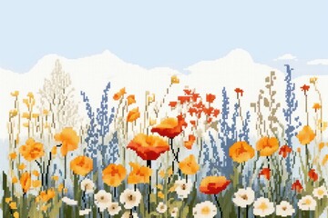 Sticker - Cross stitch summer flowers field landscape backgrounds outdoors.