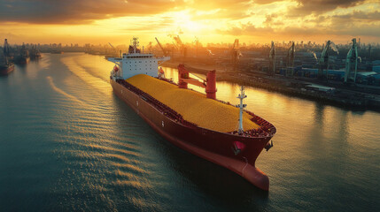 A large red ship with yellow cargo is sailing on a body of water