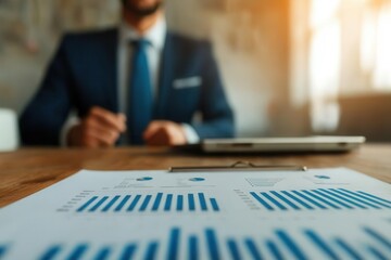 Businessman analyzing graphs and charts in a modern office setting.