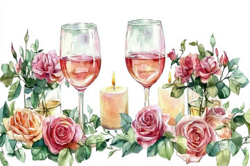 A romantic scene featuring two glasses of wine surrounded by colorful roses and candles, creating a warm, inviting atmosphere.