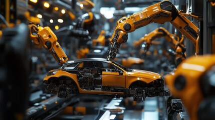 Poster - A robotic assembly line building a yellow car in a high-tech industrial setting.