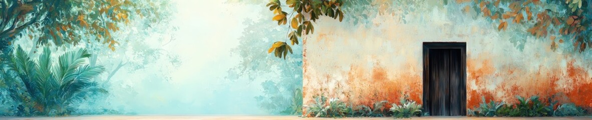 Poster - A serene landscape featuring a vibrant wall with a doorway surrounded by lush greenery. This peaceful outdoor scene captures the essence of harmony in nature.