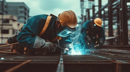 Workers Welding Steel Girders on Construction Project