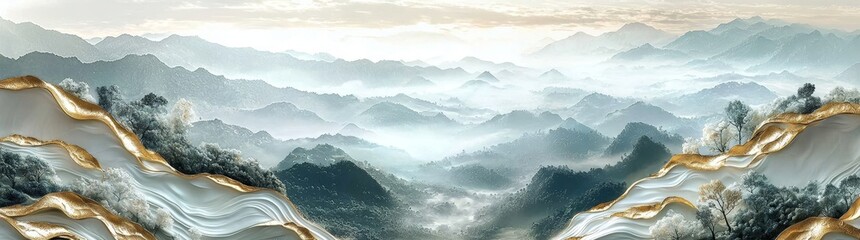 Poster - Sunrise over a misty mountain, surrounded by morning fog and clouds.