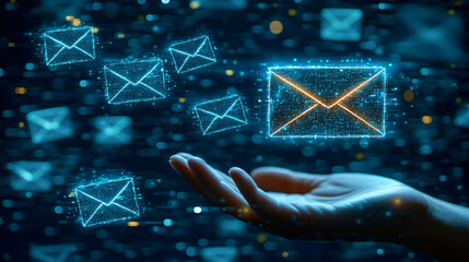 Poster - hand is reaching out to glowing email symbol, surrounded by floating digital envelopes, representing communication and technology. This image captures essence of modern connectivity and digital