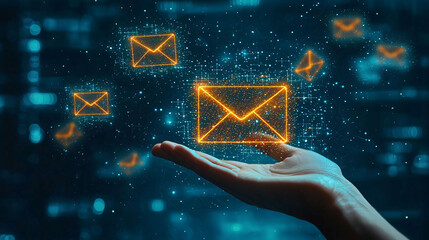 Poster - hand holding glowing email symbol with floating email icons represents digital communication and connectivity. This image evokes sense of innovation and technology in modern world