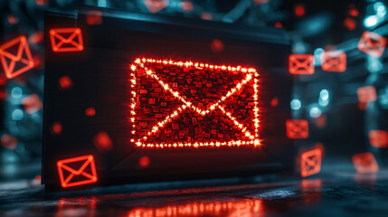 Poster - Digital illustration of glowing red email icon surrounded by floating email symbols, representing alerts and warnings about spam and viruses. vibrant colors create sense of urgency and caution
