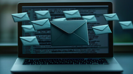 Poster - Email inbox filled with spam messages on laptop screen, showcasing various envelopes floating above. This image highlights overwhelming nature of digital communication today