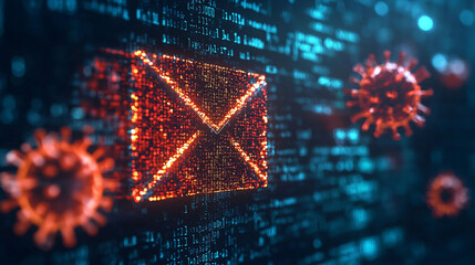 Poster - Digital email icon with virus symbols, representing cybersecurity threats and spam warnings. image conveys sense of caution in digital communication landscape