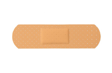 a simple adhesive bandage laid flat on a clean white surface. medical plaster isolated