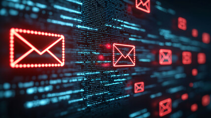 Poster - Digital email notifications with glowing red icons represent overflowing inbox, highlighting overwhelming nature of unsolicited emails in modern digital landscape