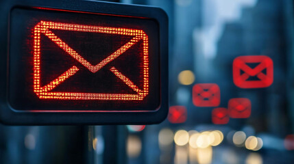 Poster - Red illuminated email signs in cityscape, symbolizing overflowing inbox and digital communication challenges. vibrant lights create striking urban atmosphere
