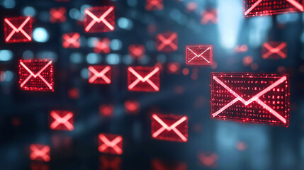 Poster - Digital representation of overflowing email inbox with red envelopes symbolizing unsolicited emails. scene evokes sense of overwhelm and urgency in managing digital communication