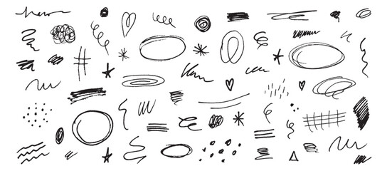 Poster - Hand drawn collection pen, pencil, charcoal simple elements. Doodle set different oval, lines, arrows, highlights and shapes in grunge style.