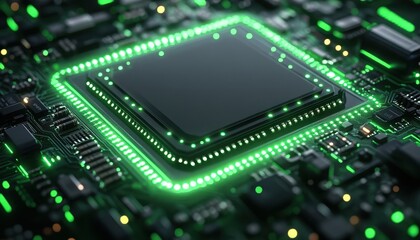 Poster - Close-up of a glowing green CPU on a circuit board