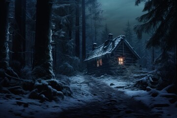 Wall Mural - Cabin in snowy forest spooky tranquility architecture building house.