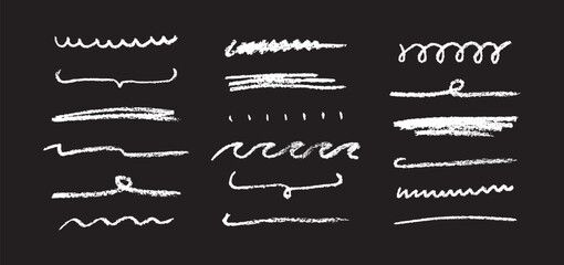 Poster - Doodle chalk underlines set. White line sketches with charcoal marks. Hand drawn vector elements on black background.
