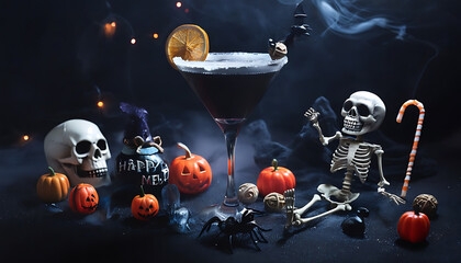 Halloween dark cocktail atmosphere, combination of skulls, bats and mysterious elements