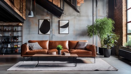 Minimalist, industrial, loft interior design of modern living room. Cozy and warm